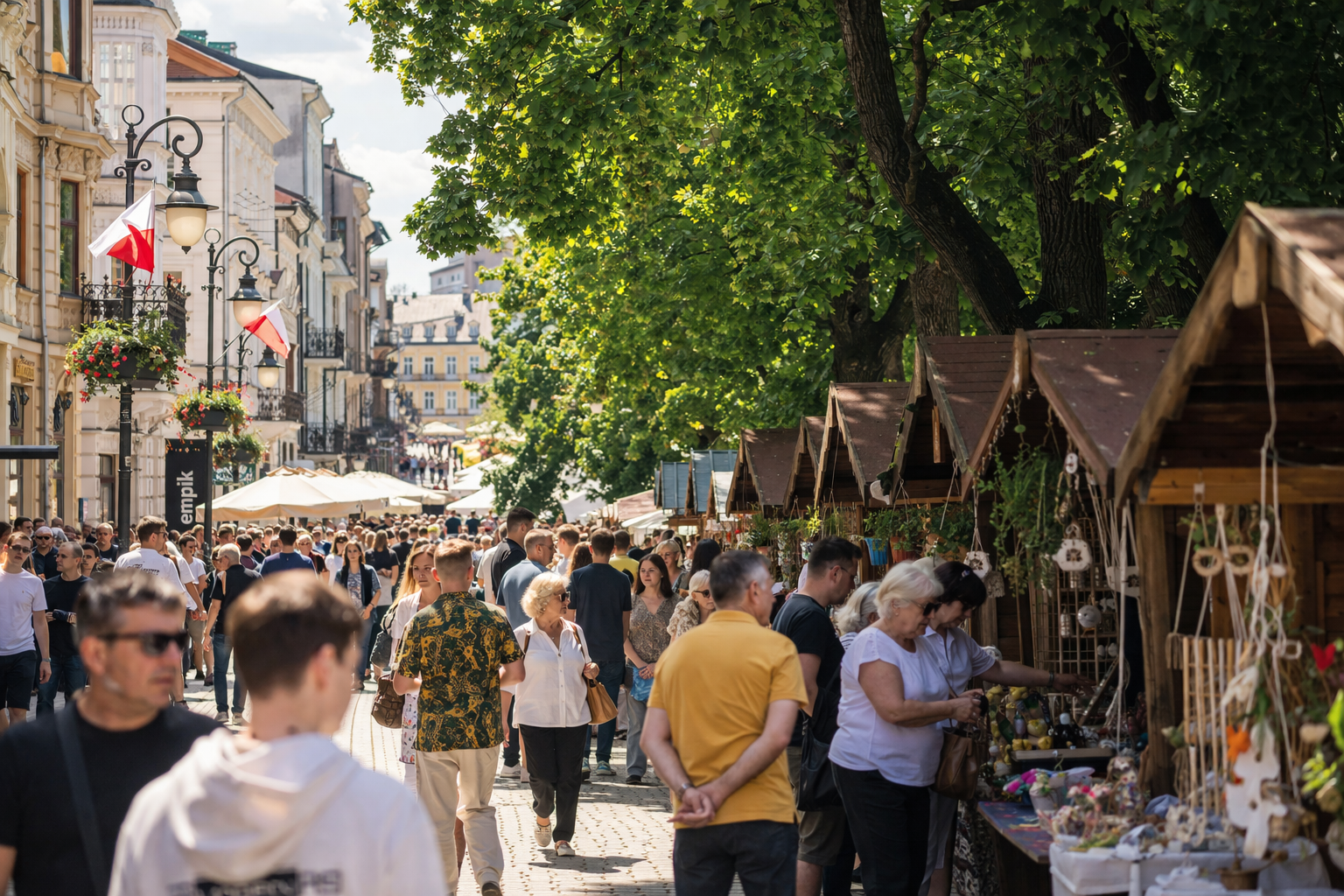 Tłumy spacerujące po jarmarku regionalnym podczas majówki w Rzeszowie, stoiska z rękodziełem i lokalnymi produktami w centrum miasta.